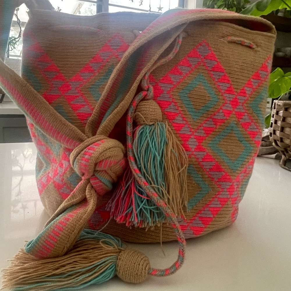 Wayuu Tribe Pink and Teal Diamond Shoulder Bag